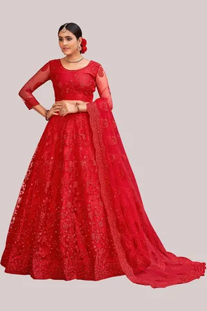 Atsevam Red Embroidered Thread Work Semi-Stitched Lehenga & Unstitched Blouse With Dupatta
