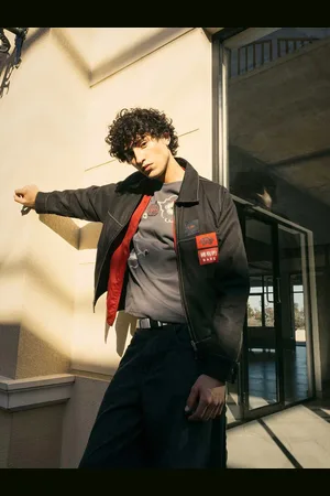 RARE RABBIT Men Spread Collar Typography Embroidered Cotton Casual Denim Jacket