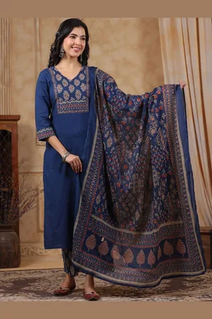 AUTUMN LANE Floral Printed V-Neck Pure Cotton Kurta With Trouser And Dupatta