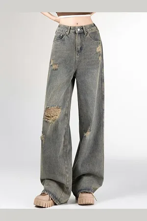 DressBerry Women Wide Leg Mildly Distressed Light Fade Jeans