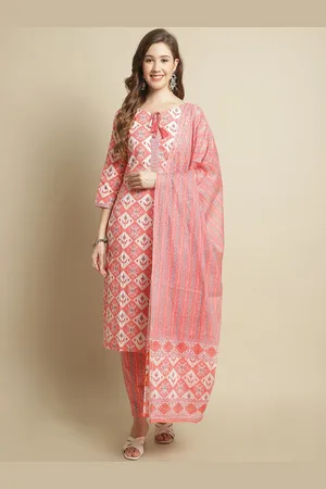 Pistaa Geometric Printed Pure Cotton Kurta With Trousers & With Dupatta