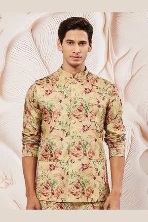 Vastramay Men Beige & Pink Floral Printed Slim Fit Nehru Jacket