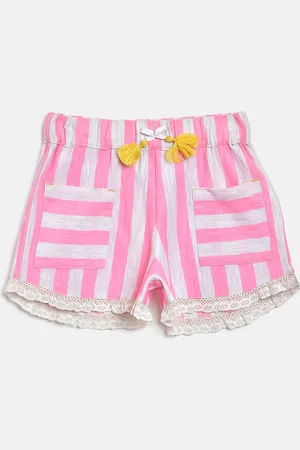 Cherry Crumble Girls Pink Striped Lace & Tasselled Bow Detail Shorts