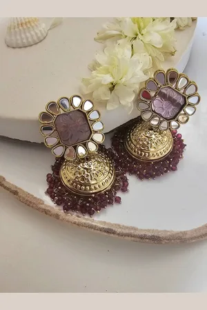 Binnis Wardrobe Magenta & Gold-Plated Kundan Dome Shaped Drop Earrings