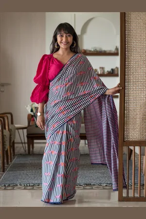 Suta White & Blue Striped Printed Pure Cotton Saree
