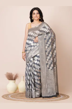 Laa Calcutta Women Floral Zari Organza Banarasi Saree and Blouse Piece