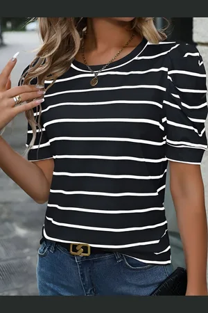 HERE&NOW Women Striped V-Neck Monochrome Pockets T-shirt