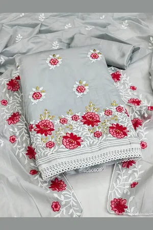 Ishin Grey Floral Embroidered Unstitched Dress Material