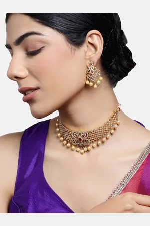 ESTELE Gold Plated CZ Elegant Bridal Choker Necklace Set With Pearls