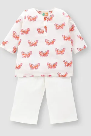 THE BABY LABEL Kids Pink & Orange Pure Cotton Titli Udi Hand-Block Print Kurta Pyjama Set