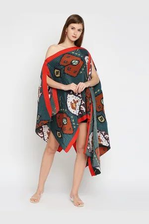 Cloth Haus India Women Green & Coral Print One Shoulderpleated Poncho
