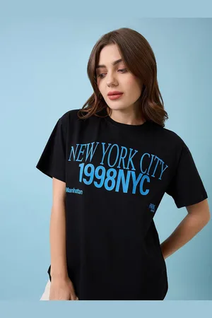 Mast & Harbour Women Typography Printed Round Neck Cotton Oversized T-shirt