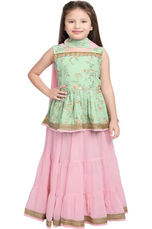 Tiny Kingdom Girls Pink & Green Printed Ready to Wear Lehenga & Blouse With Dupatta