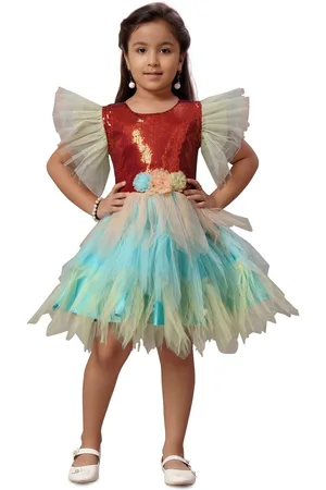 HERE&NOW Girls Embellished Flutter Sleeve Net Fit & Flare Dress
