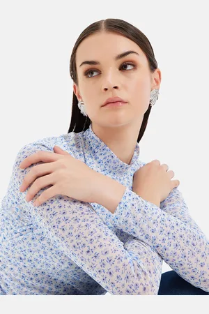 Kazo Floral Printed High Neck Ruched Satin Top