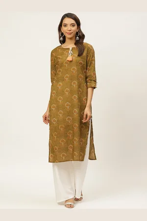 FABRIC FITOOR Women Olive Green & Brown Printed Straight Kurta