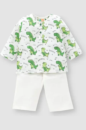 THE BABY LABEL Kids Green Pure Cotton Leo the Dino Hand-Block Print Kurta Pyjama Set