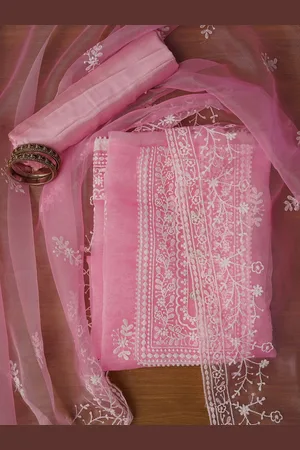 Jaipur Unstitched Embroidered Organza Dress Material With Dupatta
