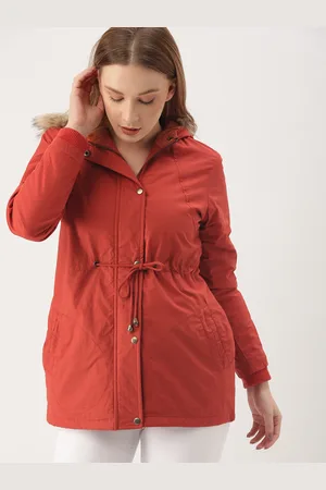 DressBerry Women Rust Red Solid Hooded Parka Jacket