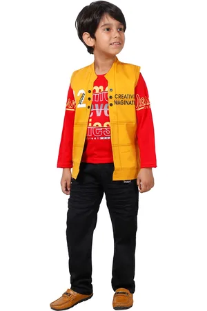 DKGF FASHION Boys Yellow & Orange Printed 3-Piece Suit