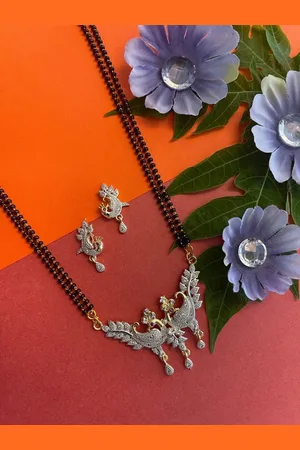 Digital Dress Room AD Studded Peacock Pendant Beaded Chain Mangalsutra With Earrings