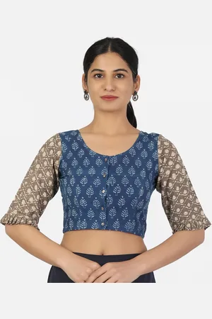 Llajja Women Blue & Grey Printed Pure Cotton Readymade Saree Blouse