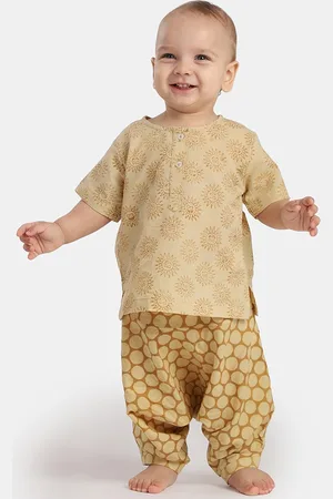 THE BABY LABEL Kids Yellow Printed Pure Cotton Kurta with Harem Pants