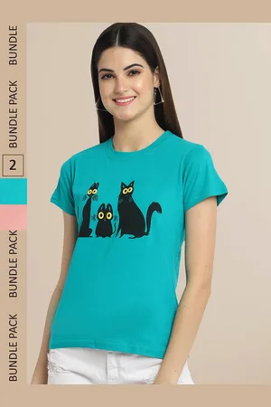 Fabflee Women Blue & Peach Pack of 2 Graphic Printed Cotton T-shirt