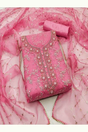 Lilots Floral Embroidered Beads & Stones Organza Unstitched Dress Material