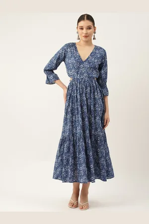 Jaipur Blue Floral Print Bell Sleeve Pure Cotton Fit & Flare Maxi Dress