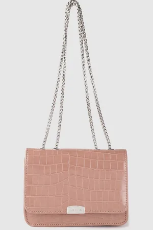 Lino Perros Women Nude-Coloured Croc Textured Structured Shoulder Bag