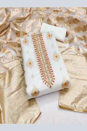 Lilots Ethnic Motifs Woven Design Beads and Stones Organza Unstitched Dress Material