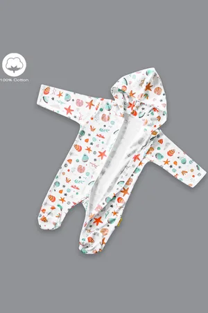 Born Infants Printed Hooded Cotton Sleepsuit