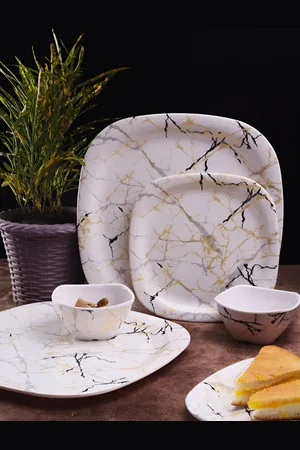 Aura White & Grey 18 Pieces Printed Melamine Glossy Dinner Set