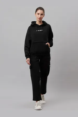 Laabha Women Black Solid Hooded Knitted Tracksuit with Applique Detail