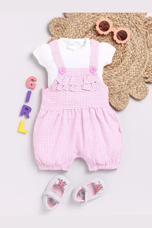 Moms Love Infant Girls Checked Pure Cotton Dungaree With T-Shirt