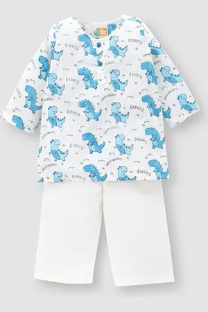 THE BABY LABEL Unisex Kids Blue Pure Cotton Animal Graphics Leo the Dino Hand-Block Print Kurta Pyjama Set