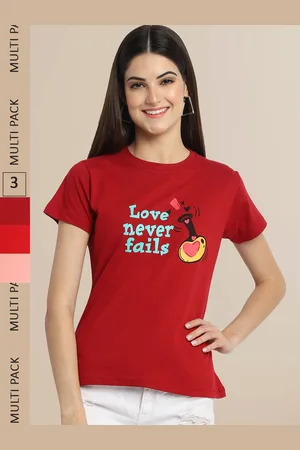 Fabflee Women Red & Peach Pack of 3 Printed Cotton T-shirt