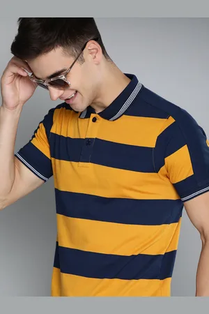 HERE&NOW Men Mustard Yellow & Navy Blue Striped Polo Collar T-shirt