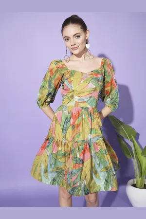 BAESD Women Floral Print Puff Sleeve Fit & Flare Dress