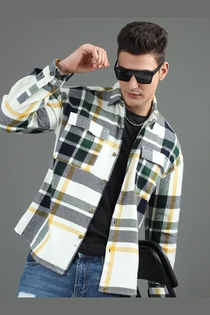 HERE&NOW White Tartan Checked Casual Cotton Oversized Shacket