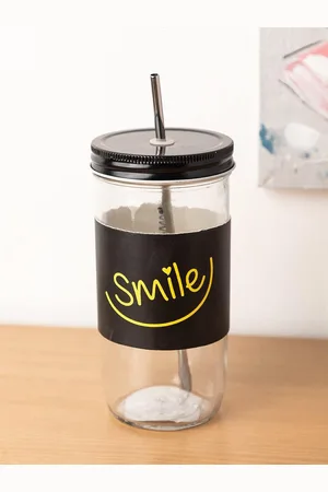 MARKET99 Black & Transparent Printed Glass Matte Mason Jar with Straw & Lid 600 ML