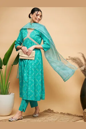 InWeave Blue Bandhani Printed Pure Cotton Empire A-Line Kurta & Trousers with Dupatta