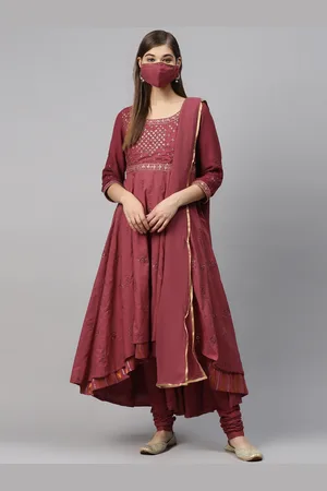 Biba Women Pink Golden Layered Embroidered Kurta with Churidar, Dupatta