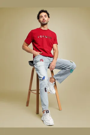 ICONIC Men Wide Leg Typography Printed Low Distressed Heavy Fade Jeans