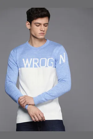 WROGN Men Blue & White Colourblocked Slim-Fit Pullover with Embroidered Detail