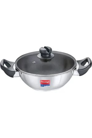 Prestige Platina Non-Stick Silver Stainless Steel Induction Base Kadai With Glass Lid 3.8L