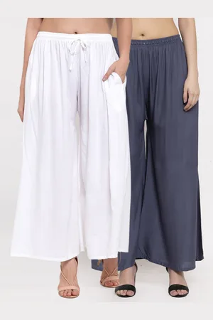 Miaz Lifestyle Women Grey & White Set Of 2 Flared Knitted Palazzos