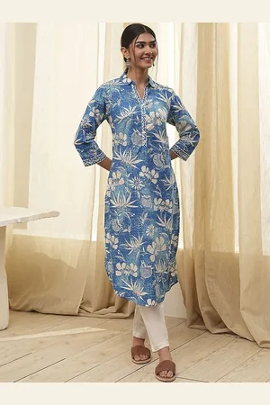 Biba Women Floral Printed Shirt Collar Pure Cotton Straight Kurta