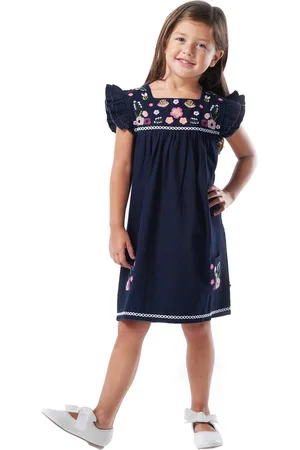Cherry Crumble Girls Navy Blue & Pink Embroidered A-Line Dress